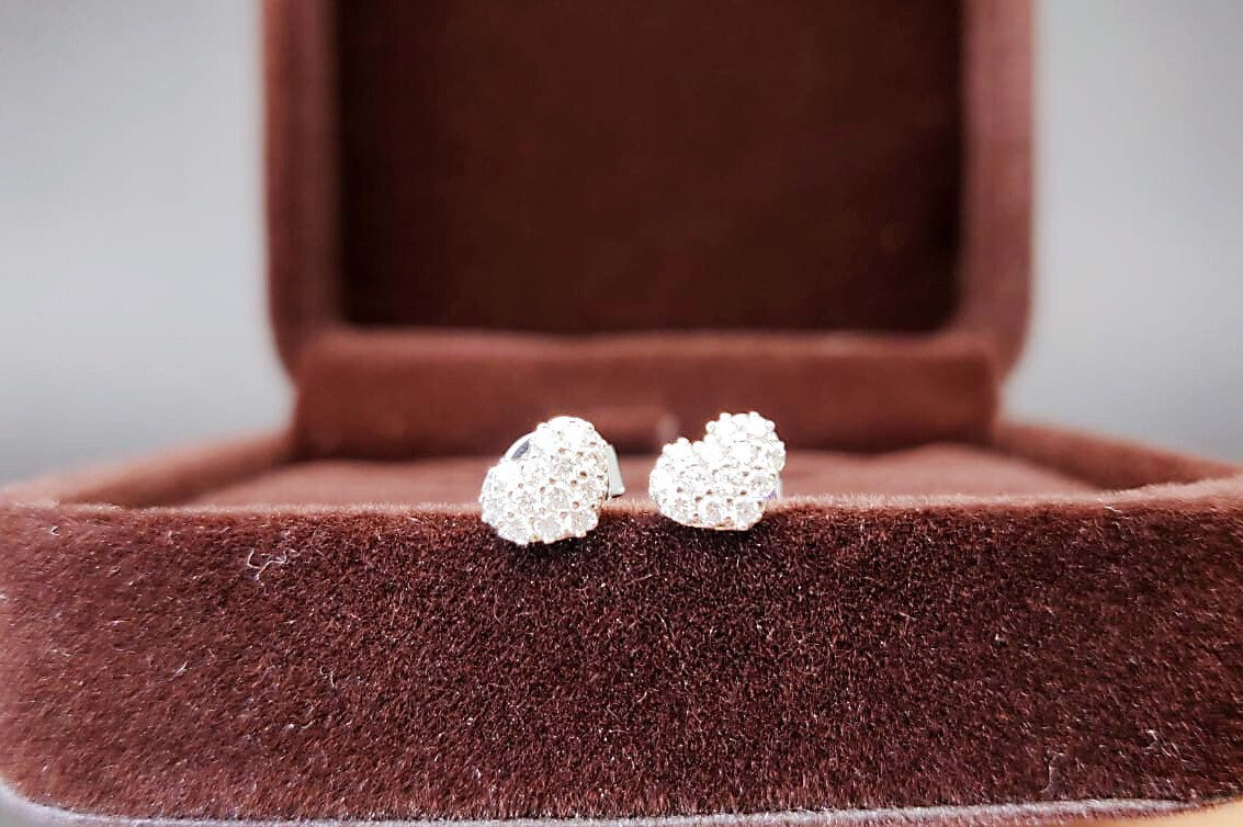 Platinum Heart Shaped Pave Diamond Ear Stud Earrings
