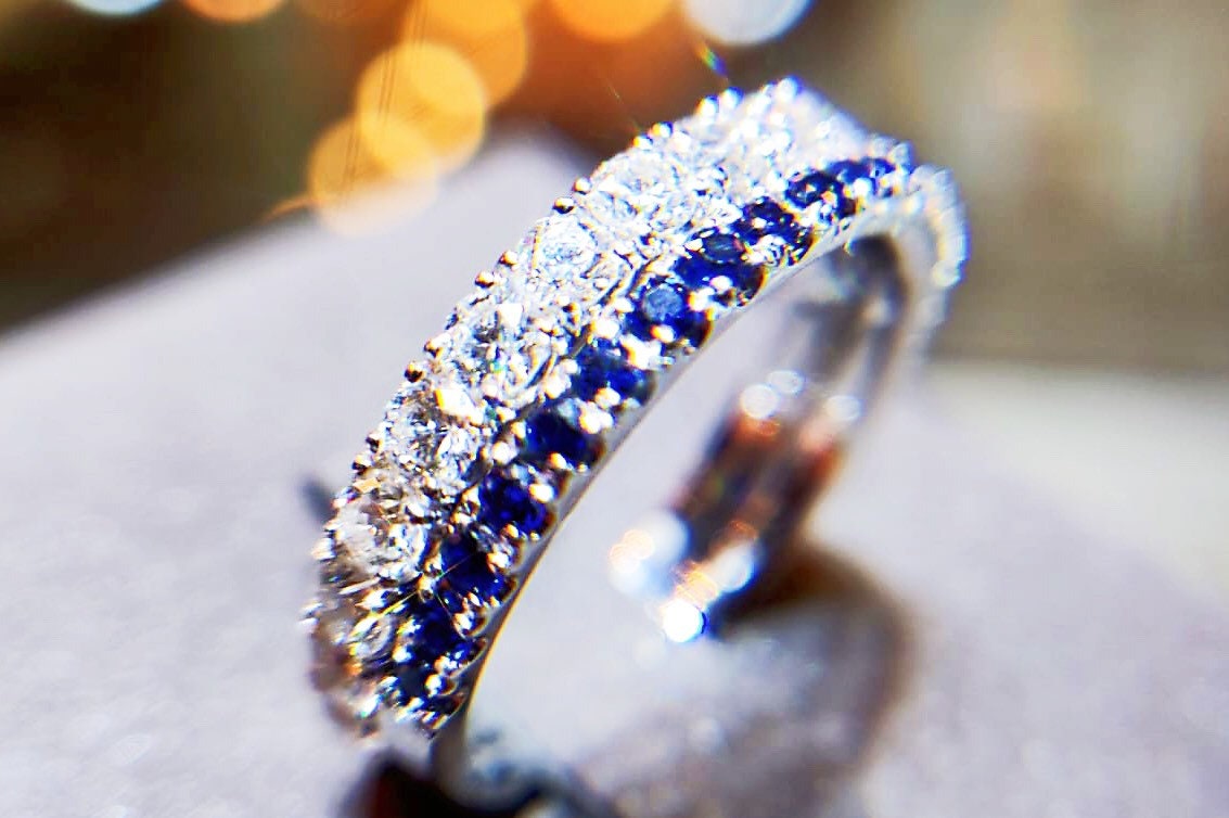 Platinum Double Diamond Sapphire Wedding Band Stacking Ring