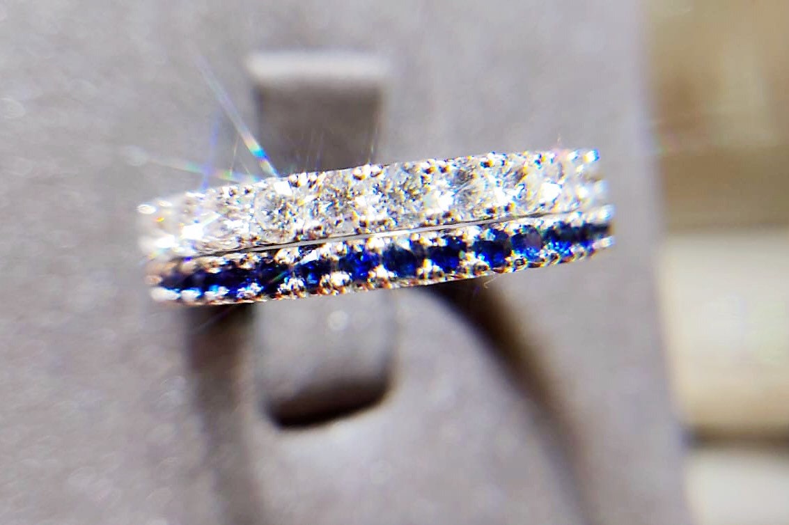 Platinum Double Diamond Sapphire Wedding Band Stacking Ring