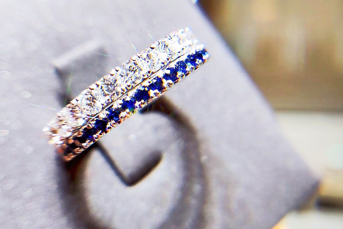Platinum Double Diamond Sapphire Wedding Band Stacking Ring