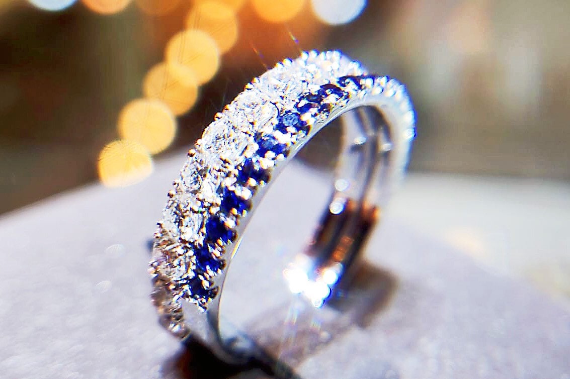 Platinum Double Diamond Sapphire Wedding Band Stacking Ring