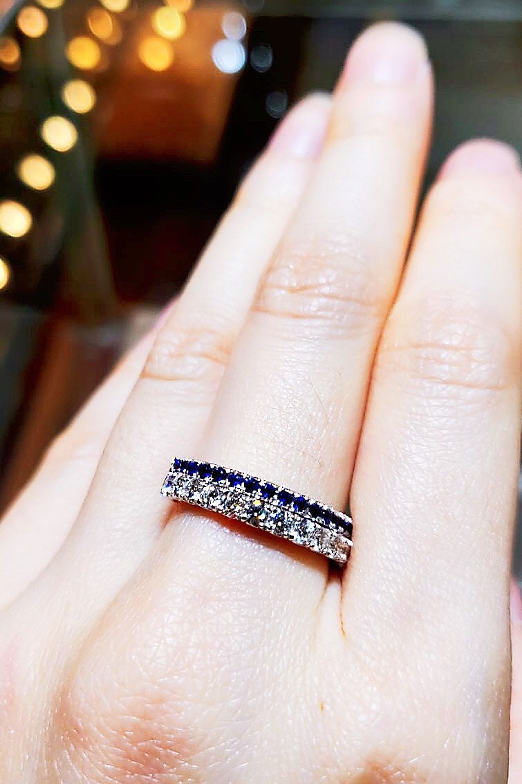 Platinum Double Diamond Sapphire Wedding Band Stacking Ring