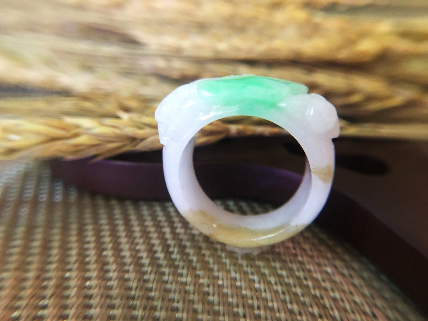 Tri-color Natural Myanmar Apple Green Jadeite Jade Carved Ring Band