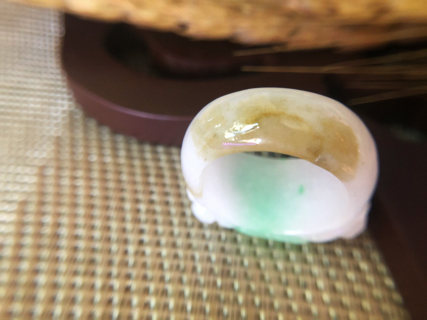 Tri-color Natural Myanmar Apple Green Jadeite Jade Carved Ring Band