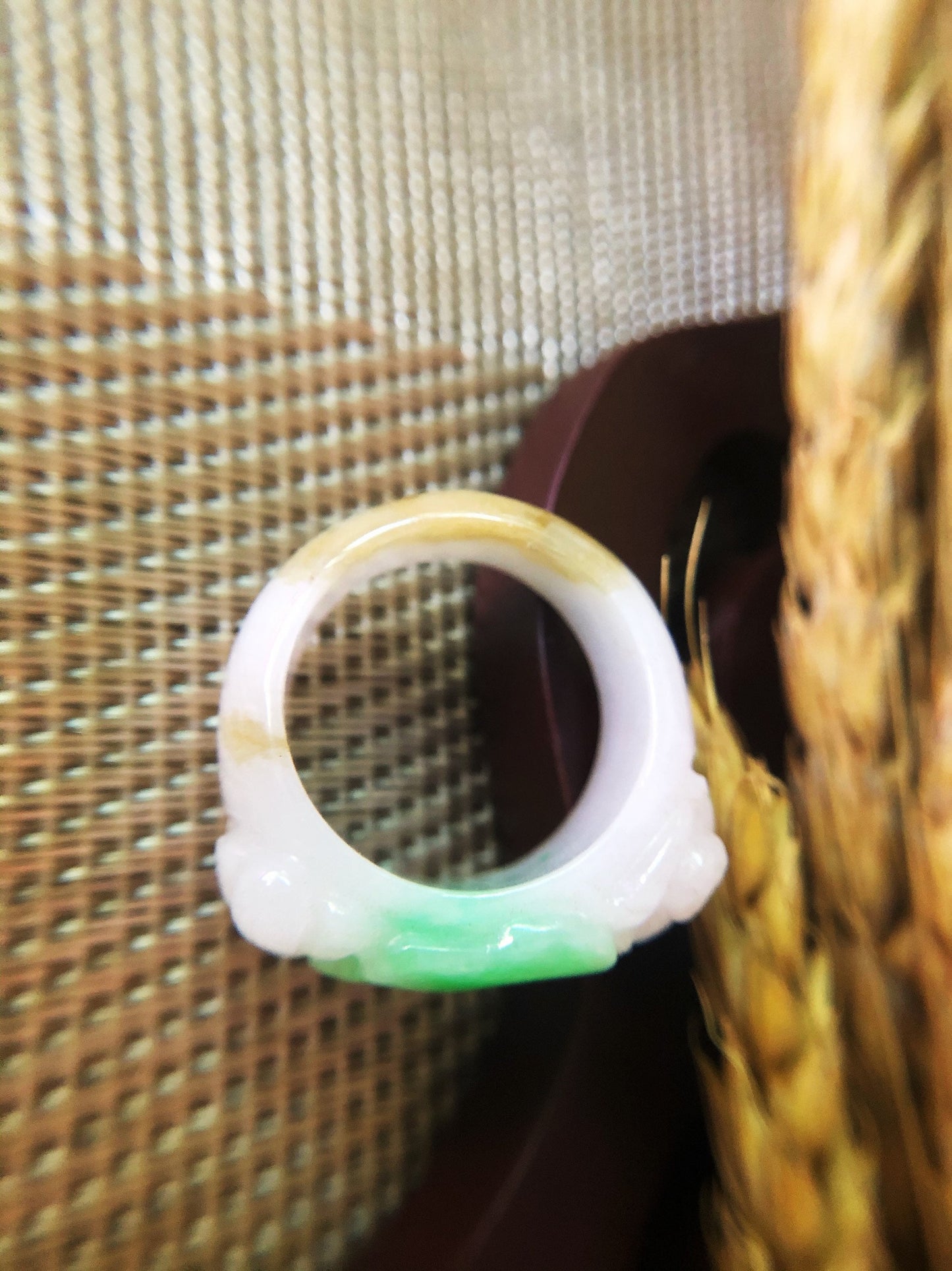 Tri-color Natural Myanmar Apple Green Jadeite Jade Carved Ring Band