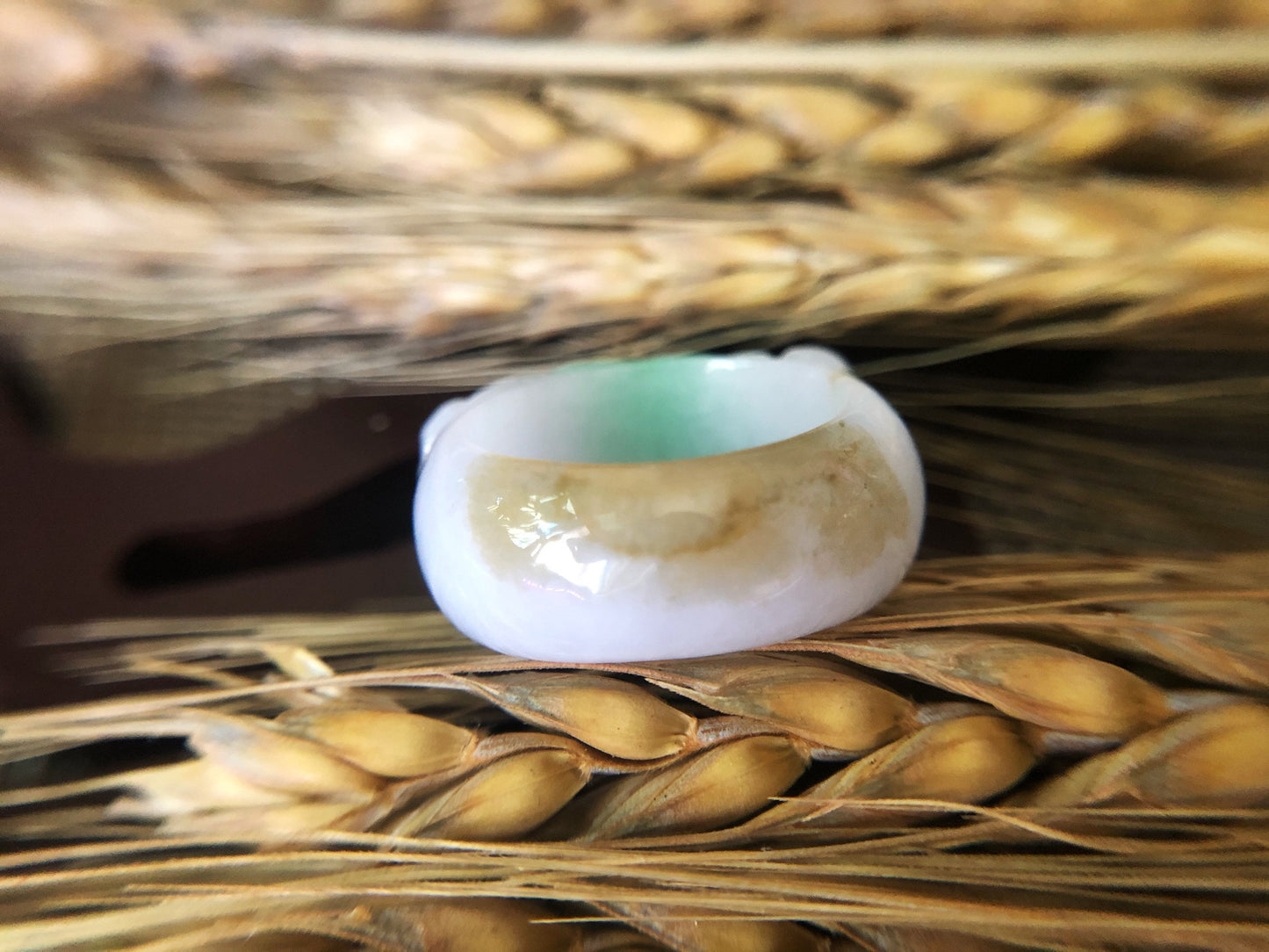 Tri-color Natural Myanmar Apple Green Jadeite Jade Carved Ring Band