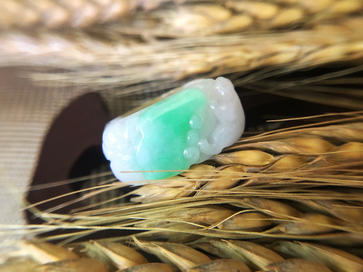 Tri-color Natural Myanmar Apple Green Jadeite Jade Carved Ring Band