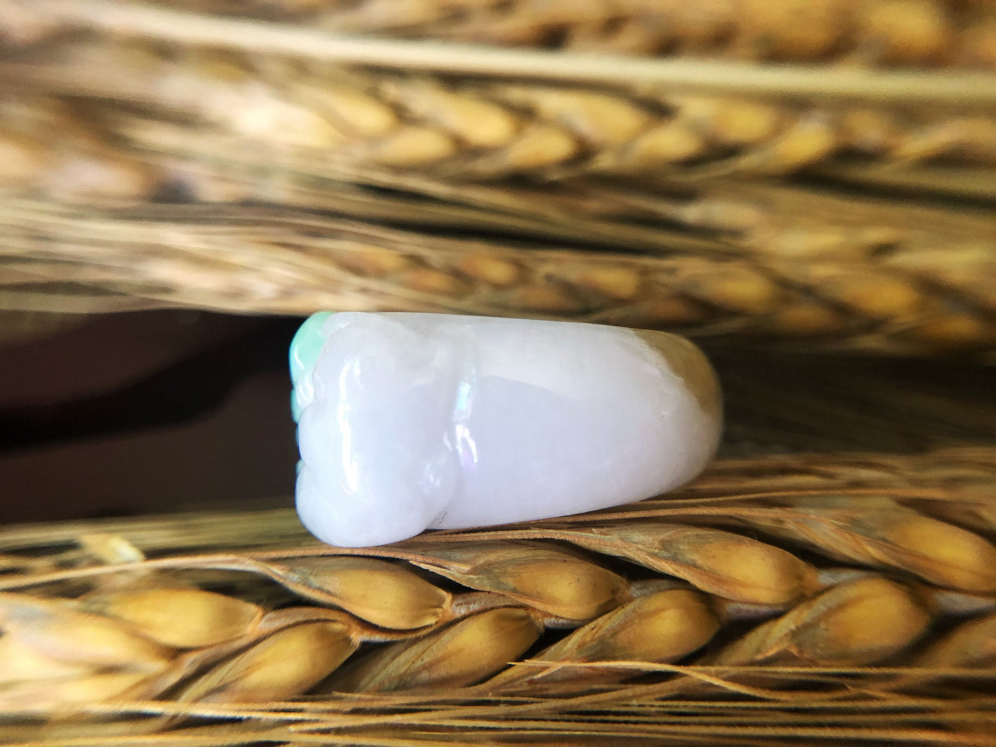 Tri-color Natural Myanmar Apple Green Jadeite Jade Carved Ring Band