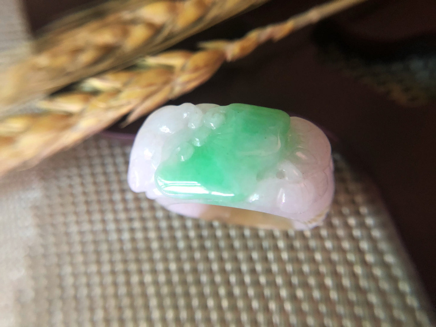 Tri-color Natural Myanmar Apple Green Jadeite Jade Carved Ring Band
