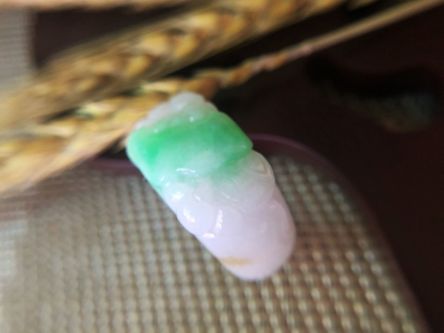 Tri-color Natural Myanmar Apple Green Jadeite Jade Carved Ring Band