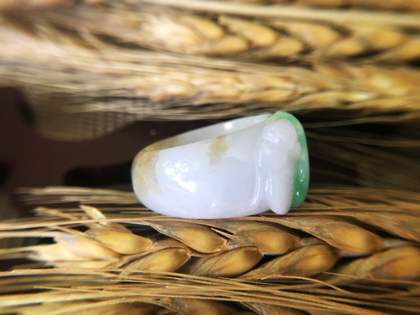 Tri-color Natural Myanmar Apple Green Jadeite Jade Carved Ring Band