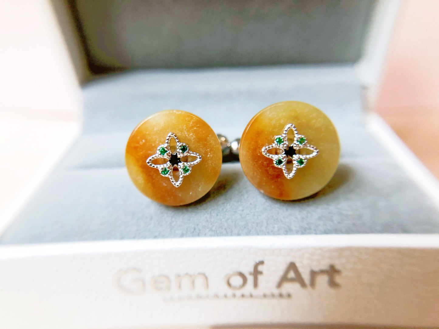 Yellow Jadeite Silver Cufflinks