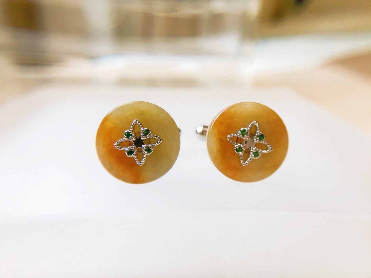 Yellow Jadeite Silver Cufflinks