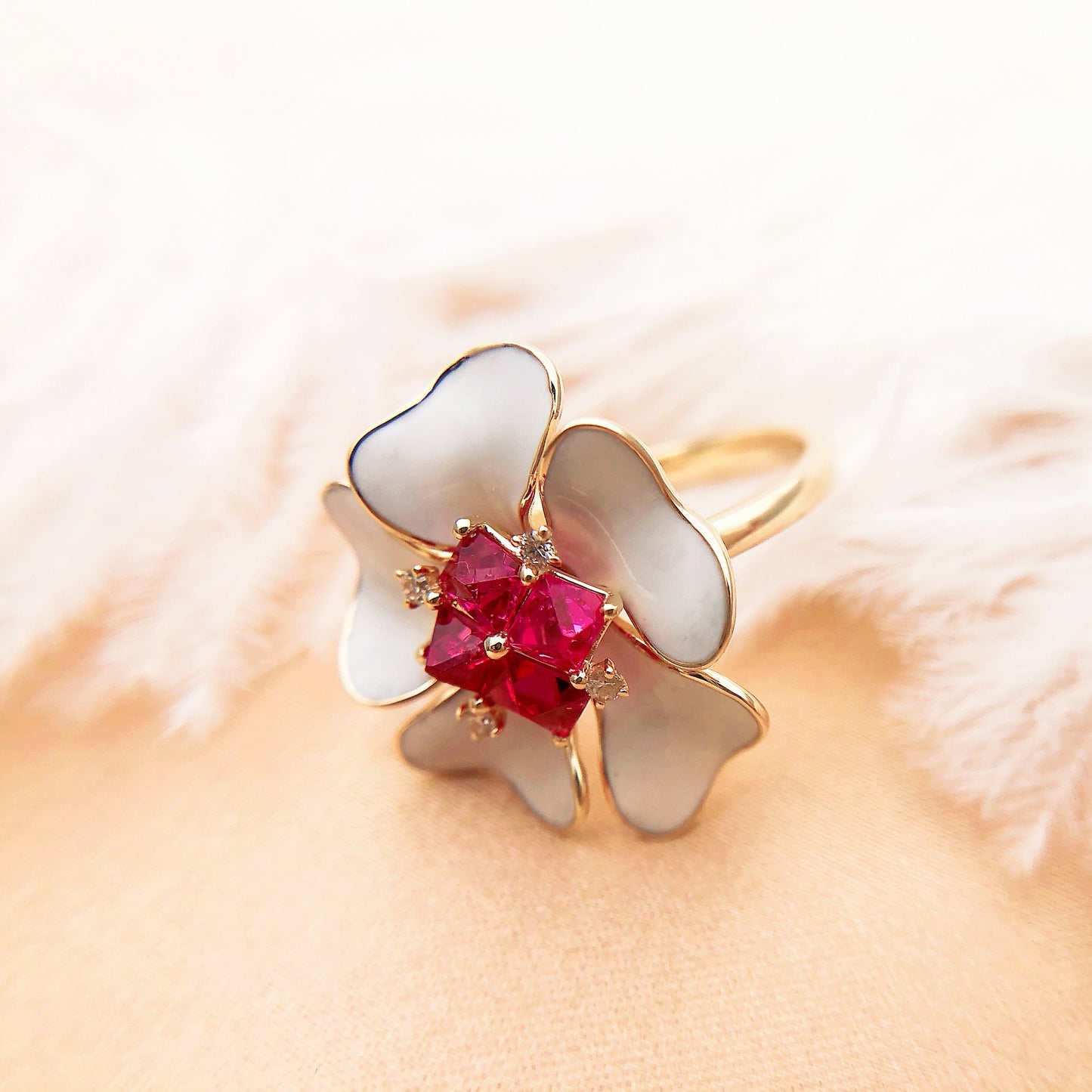 14K Gold Flower Ring with Mogok Vivid Pink Spinels