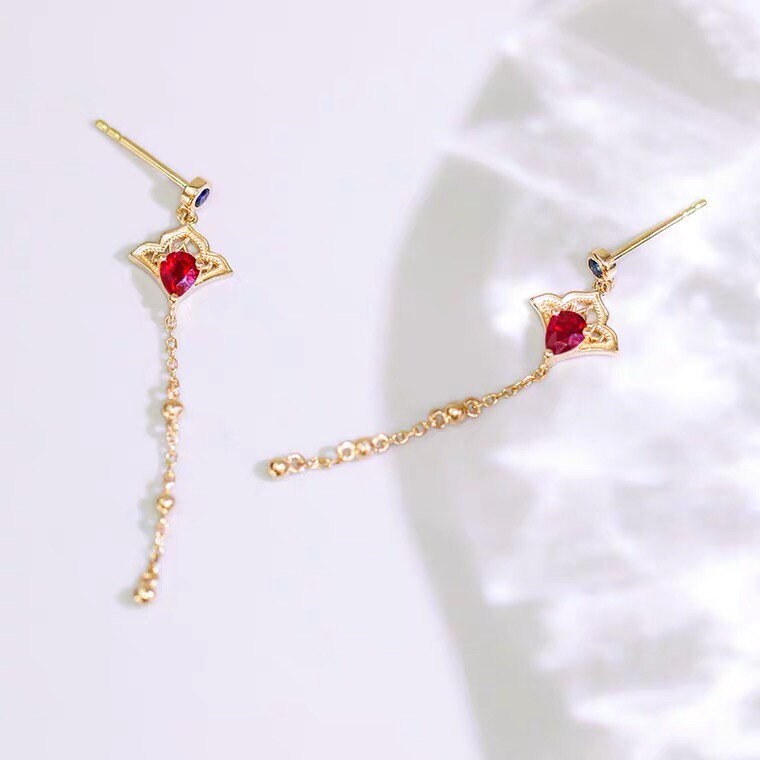 Oriental Fan Ruby Blue Sapphire 18K Gold Dangle Earrings
