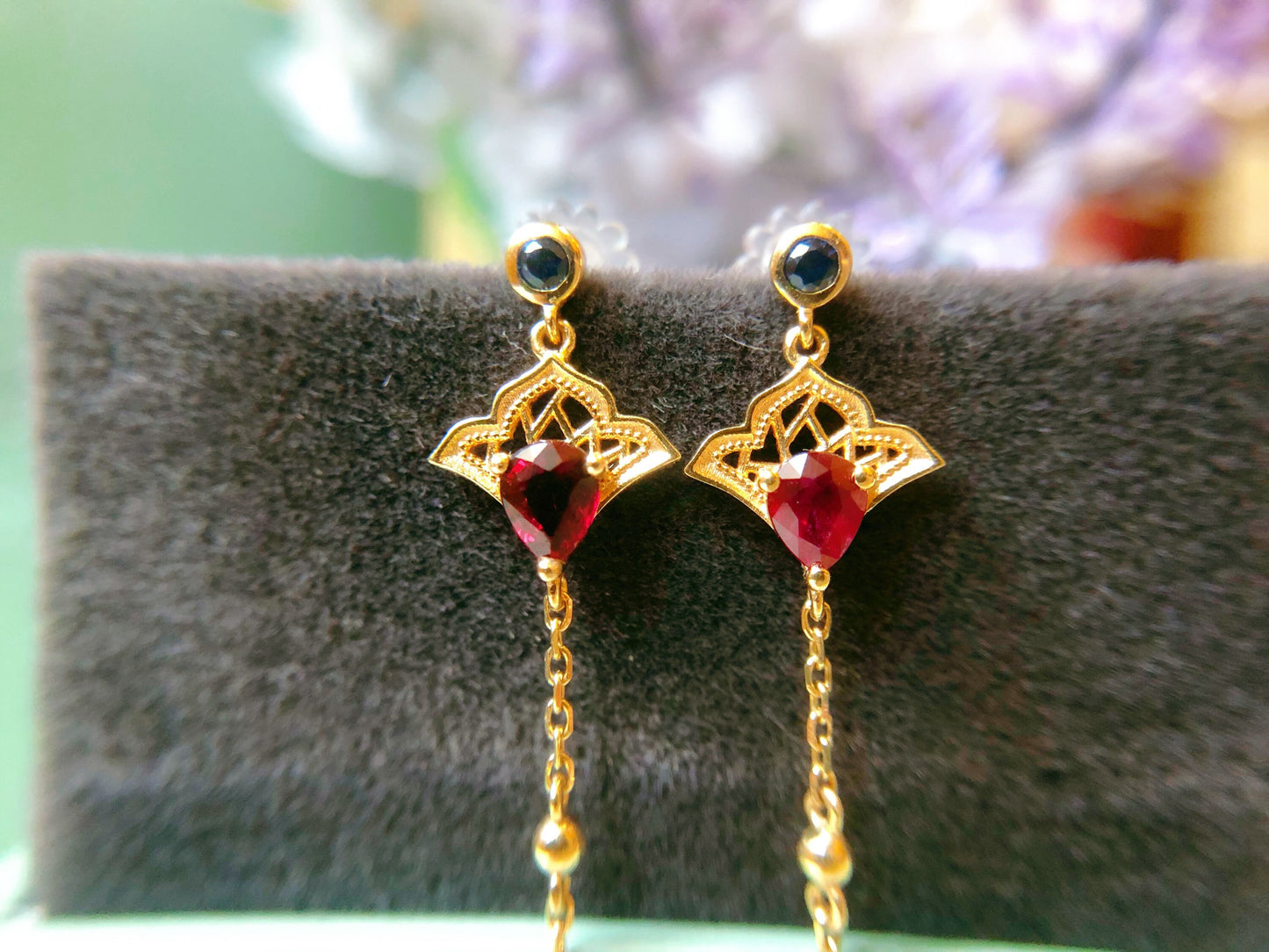 Oriental Fan Ruby Blue Sapphire 18K Gold Dangle Earrings