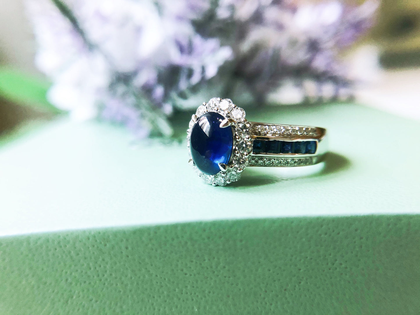 Natural Blue Sapphire Cabochon in 18k White Gold Diamond Ring