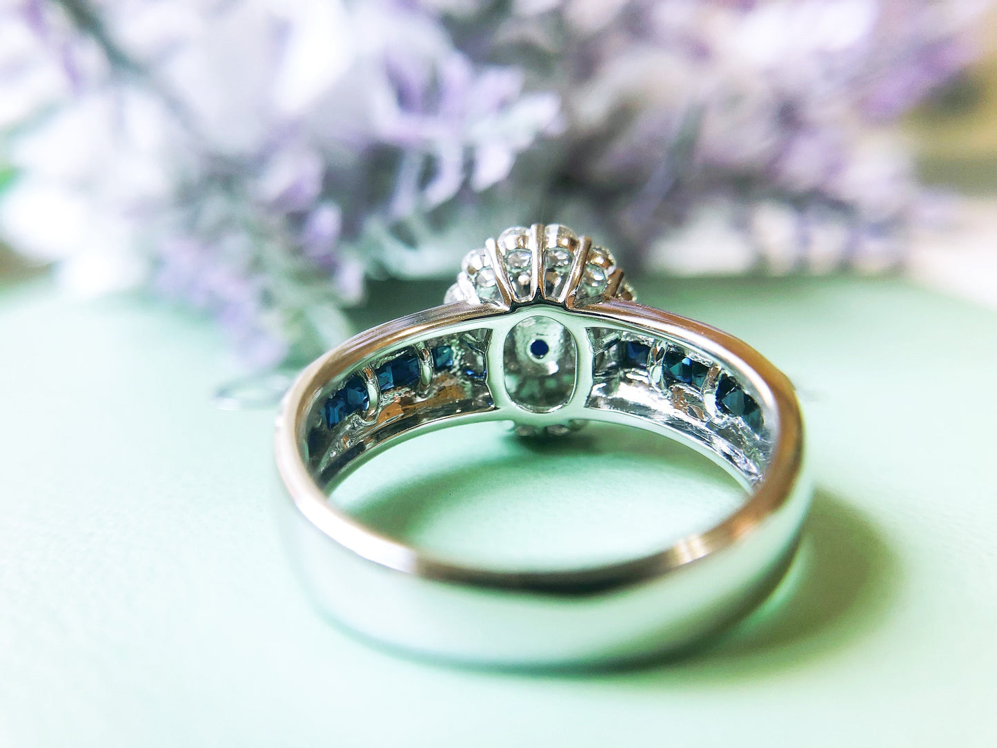 Natural Blue Sapphire Cabochon in 18k White Gold Diamond Ring