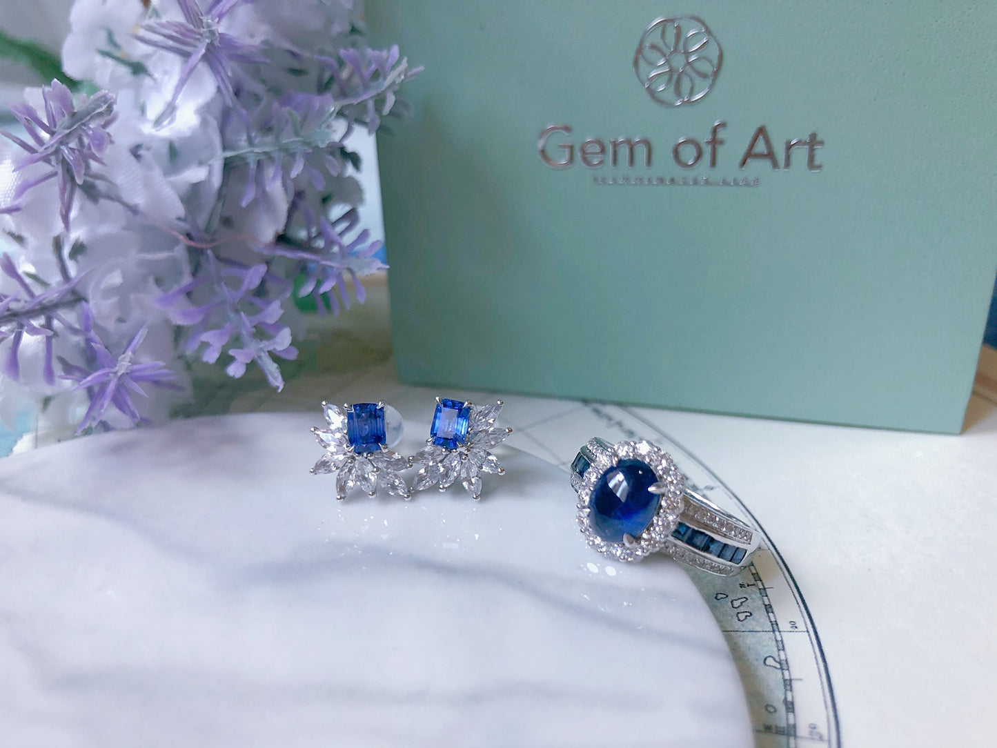 Natural Blue Sapphire Cabochon in 18k White Gold Diamond Ring
