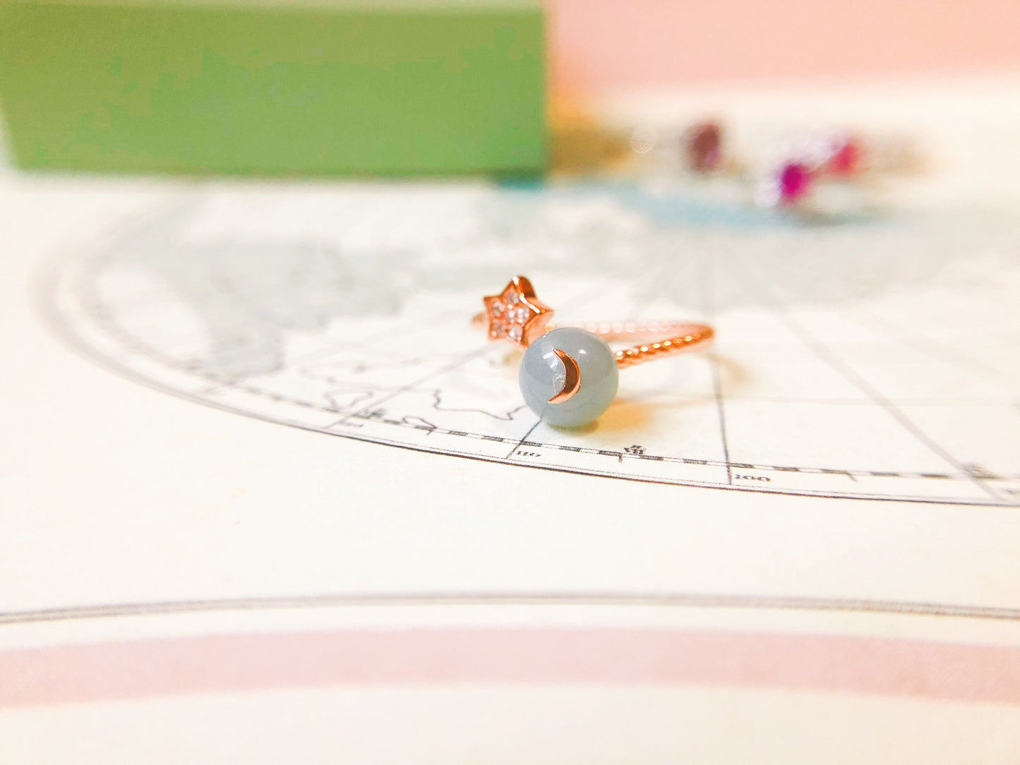 Lavender Purple Jadeite Moon and Stars Celestial Silver Ring