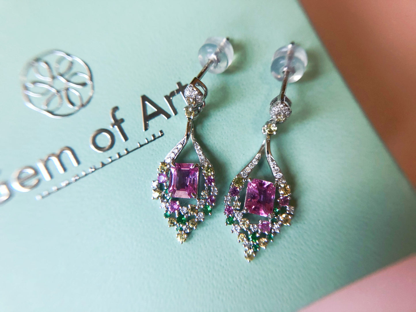 1.08 Ct Certified Padparadscha Sapphire set with Diamond, Tsavorite in 18K White Gold Earrings