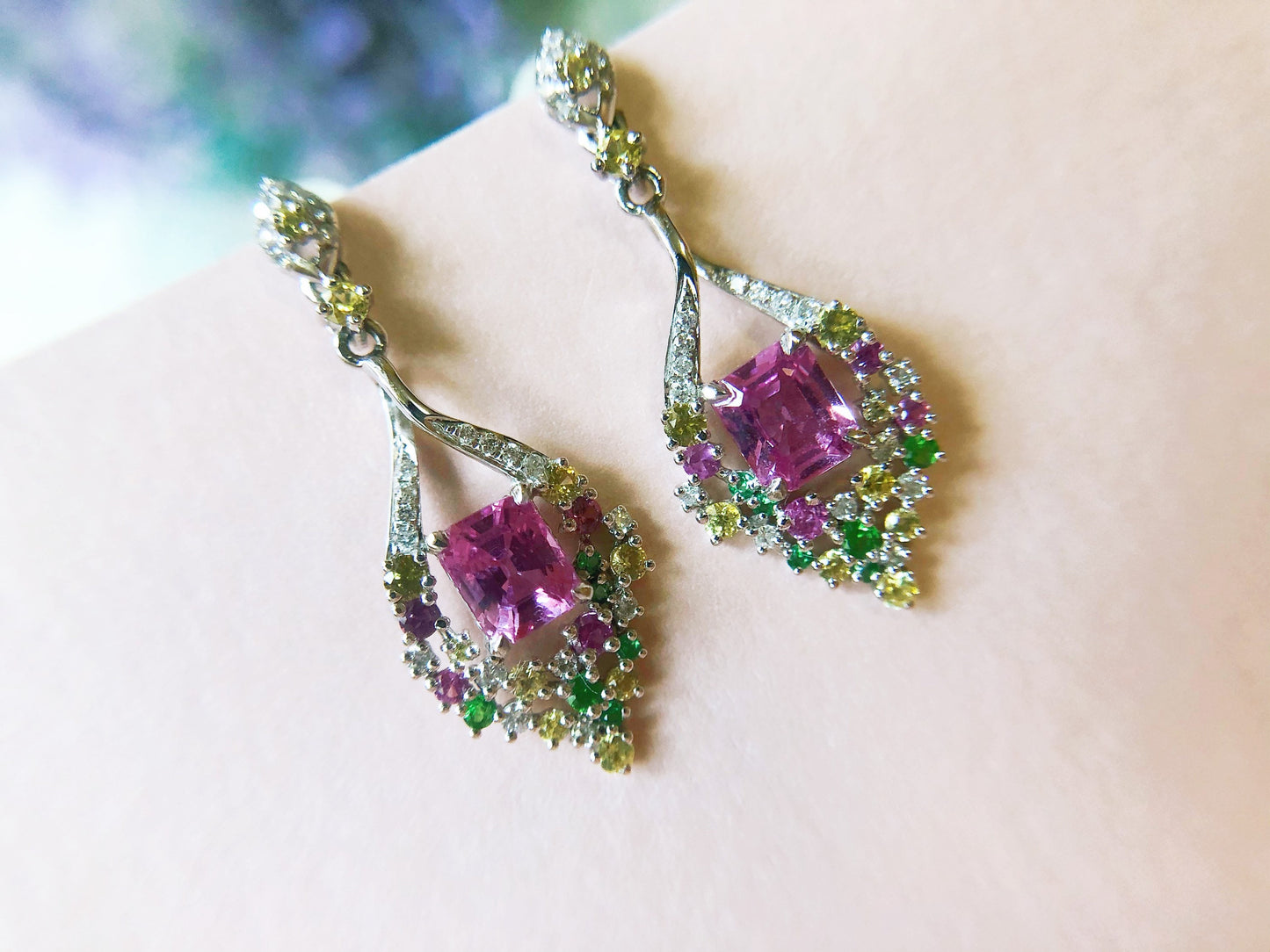 1.08 Ct Certified Padparadscha Sapphire set with Diamond, Tsavorite in 18K White Gold Earrings