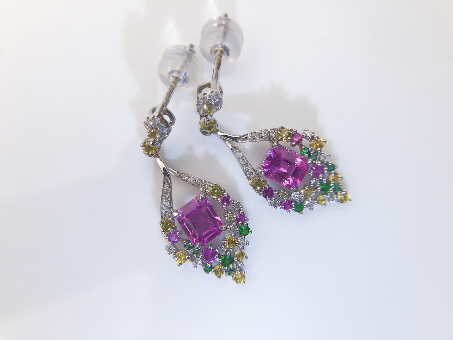 1.08 Ct Certified Padparadscha Sapphire set with Diamond, Tsavorite in 18K White Gold Earrings