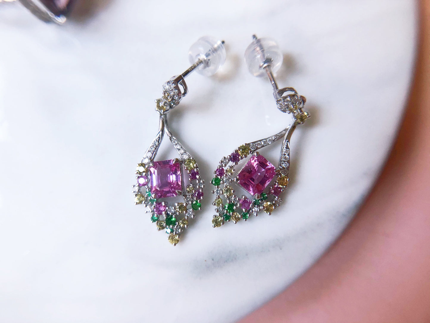 1.08 Ct Certified Padparadscha Sapphire set with Diamond, Tsavorite in 18K White Gold Earrings
