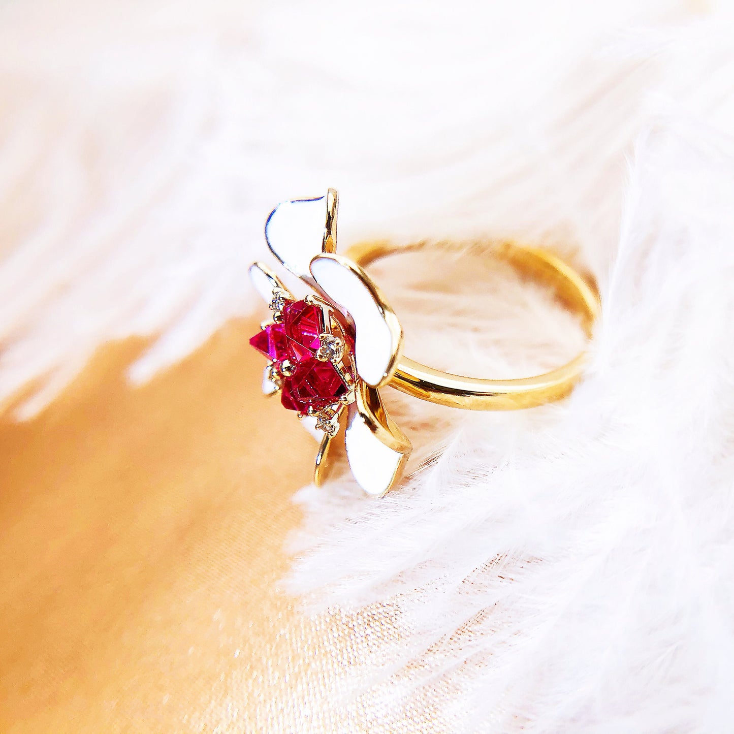 14K Gold Flower Ring with Mogok Vivid Pink Spinels