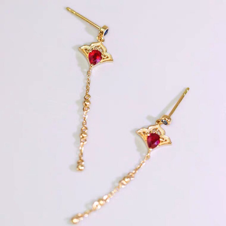 Oriental Fan Ruby Blue Sapphire 18K Gold Dangle Earrings