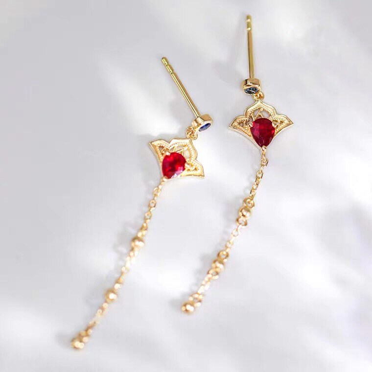 Oriental Fan Ruby Blue Sapphire 18K Gold Dangle Earrings