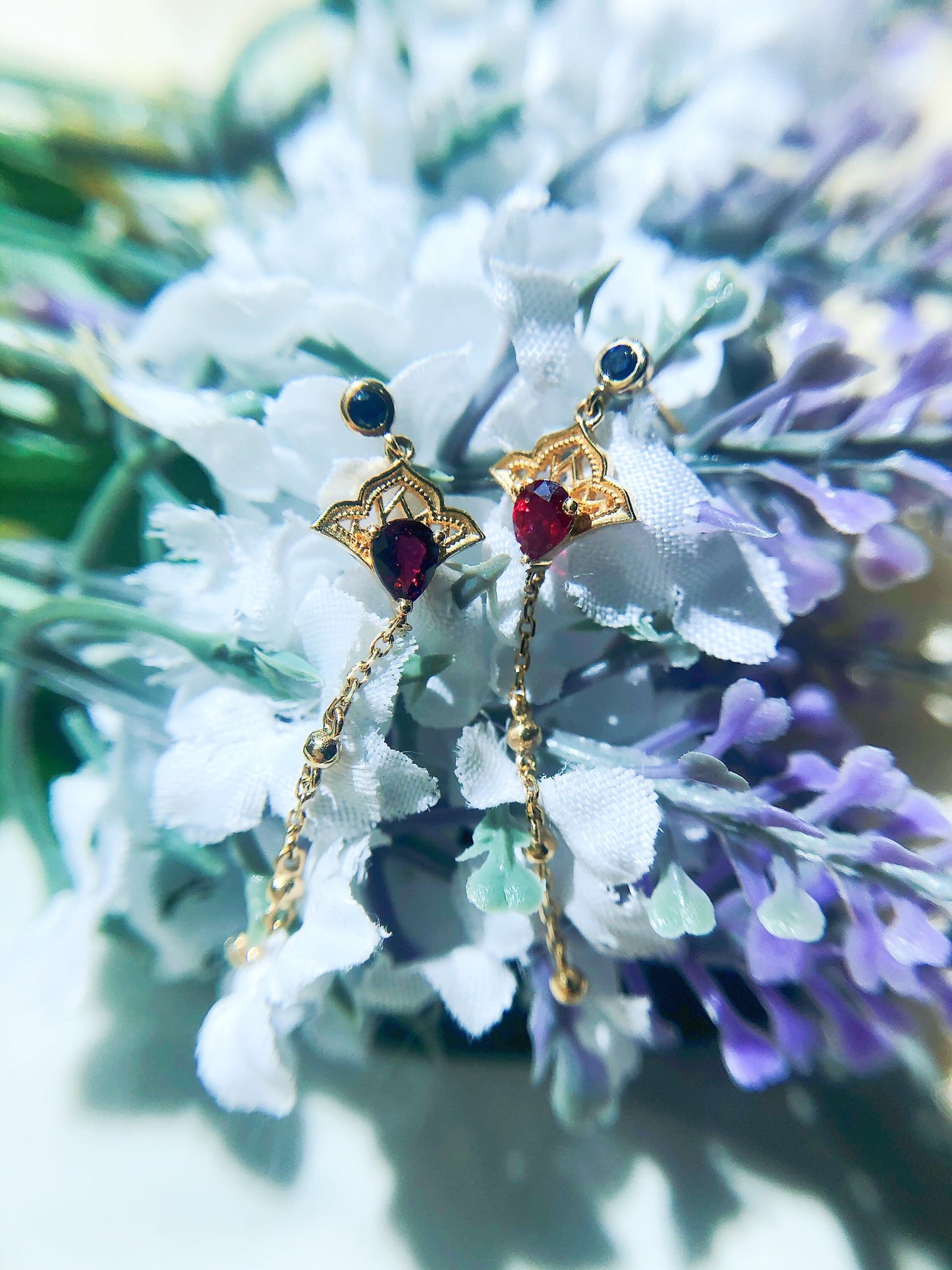 Oriental Fan Ruby Blue Sapphire 18K Gold Dangle Earrings