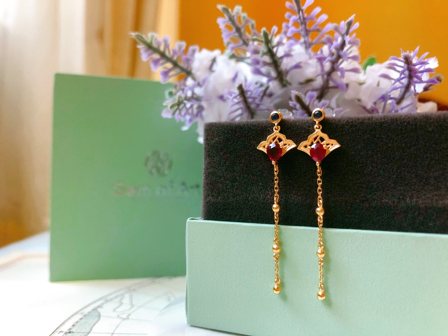 Oriental Fan Ruby Blue Sapphire 18K Gold Dangle Earrings