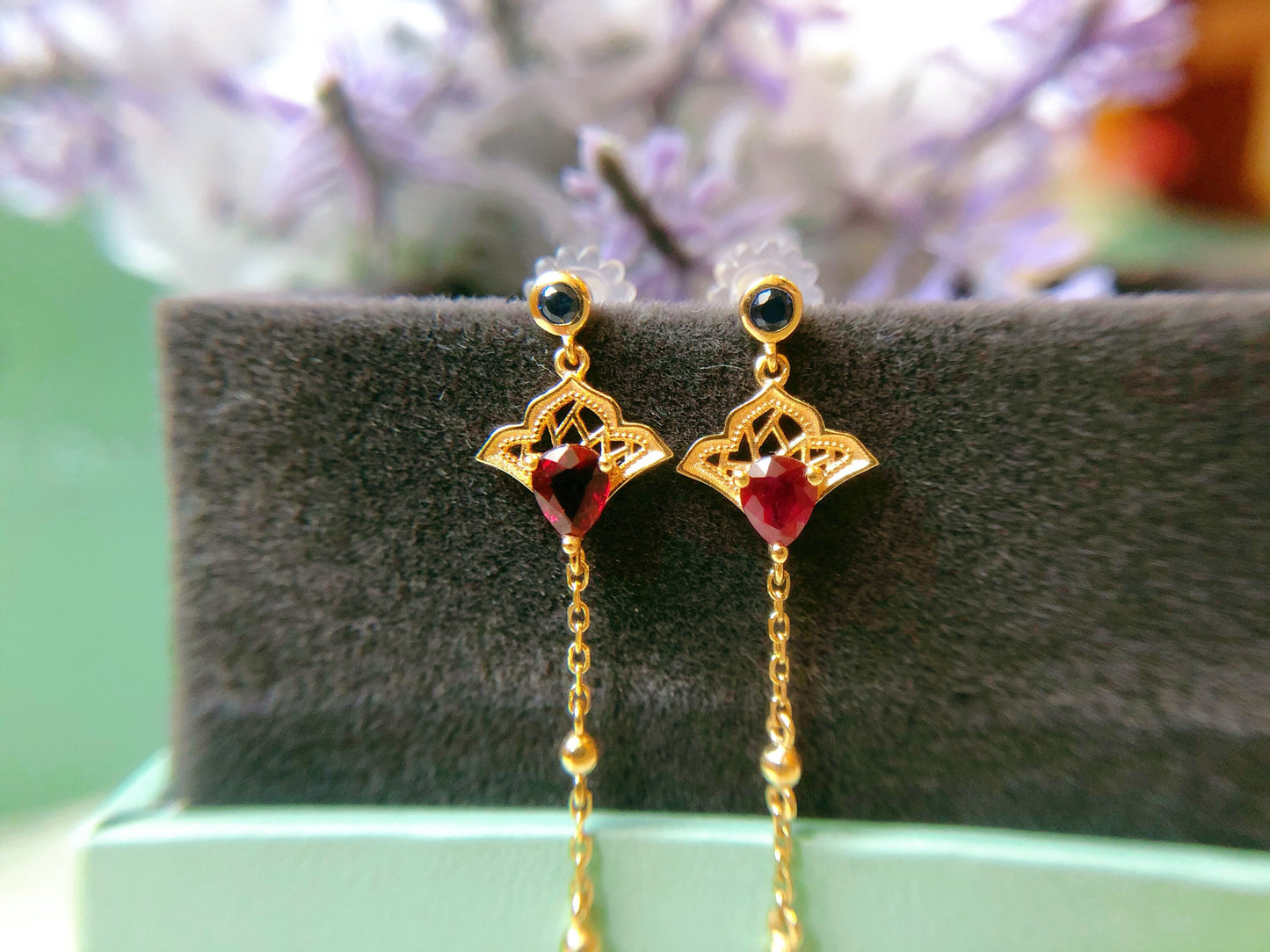 Oriental Fan Ruby Blue Sapphire 18K Gold Dangle Earrings