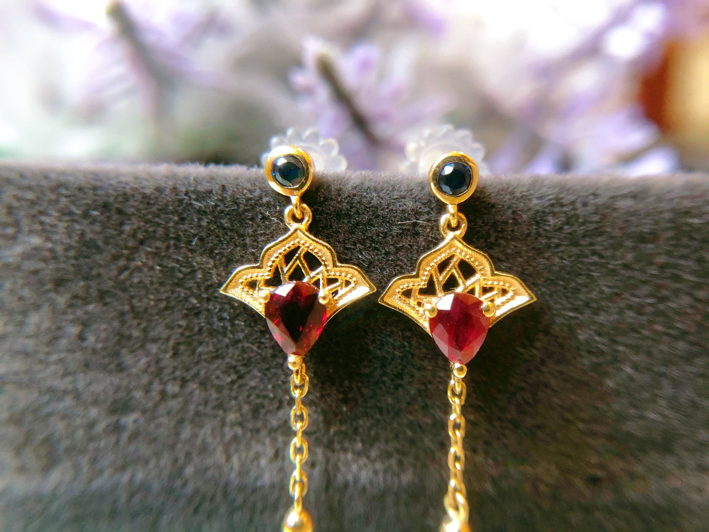 Oriental Fan Ruby Blue Sapphire 18K Gold Dangle Earrings