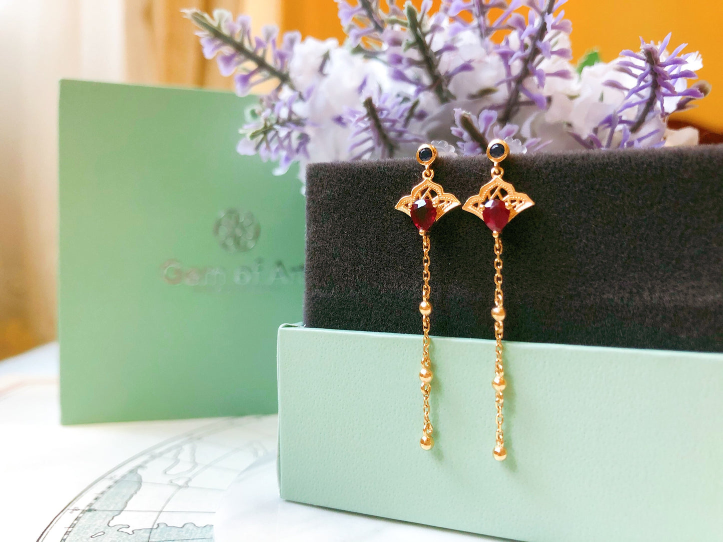 Oriental Fan Ruby Blue Sapphire 18K Gold Dangle Earrings