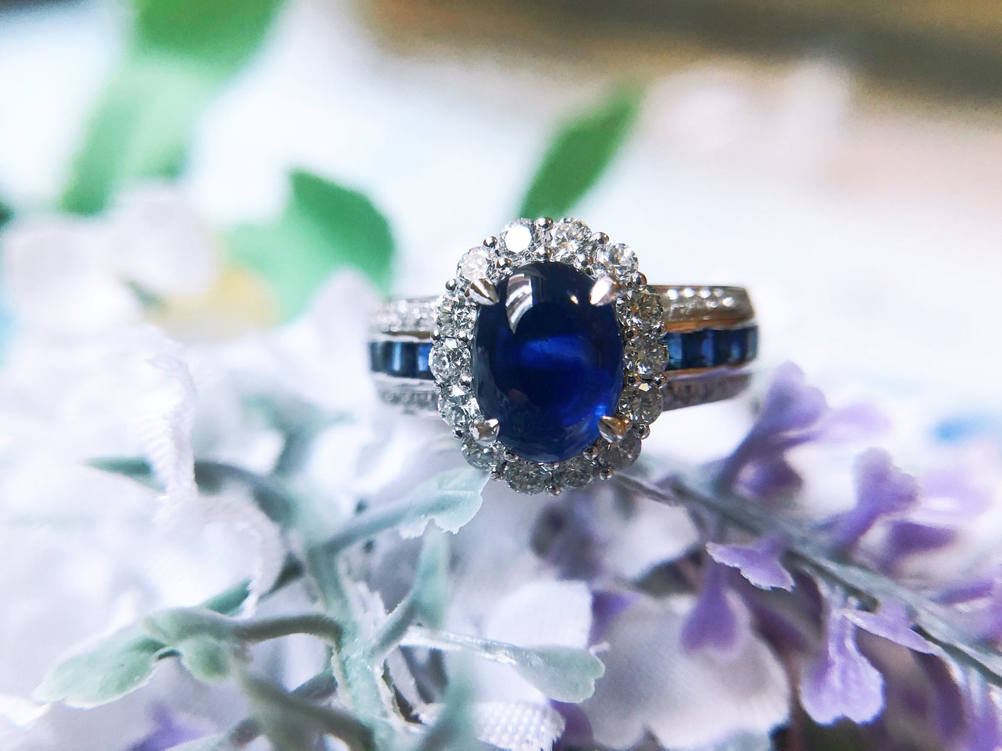 Natural Blue Sapphire Cabochon in 18k White Gold Diamond Ring