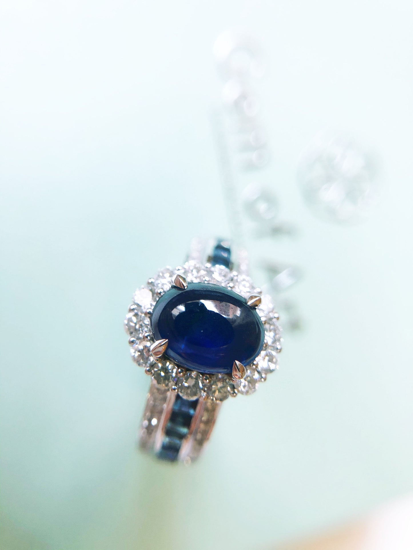 Natural Blue Sapphire Cabochon in 18k White Gold Diamond Ring