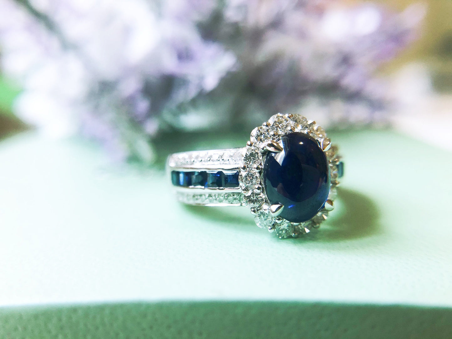 Natural Blue Sapphire Cabochon in 18k White Gold Diamond Ring
