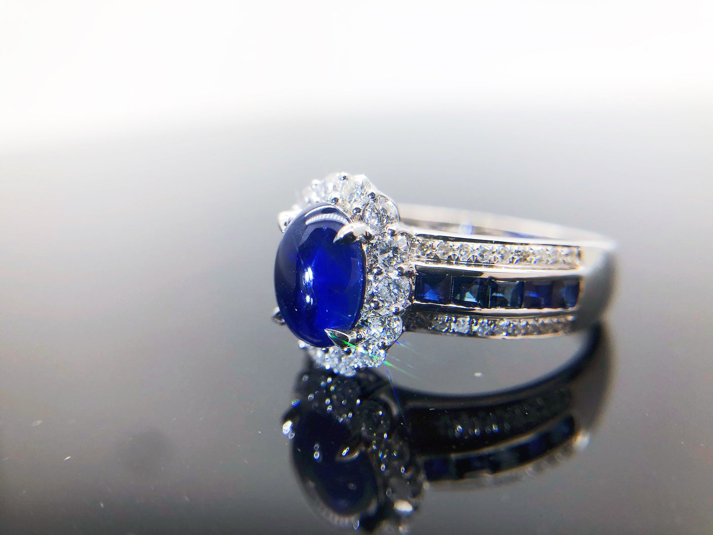 Natural Blue Sapphire Cabochon in 18k White Gold Diamond Ring