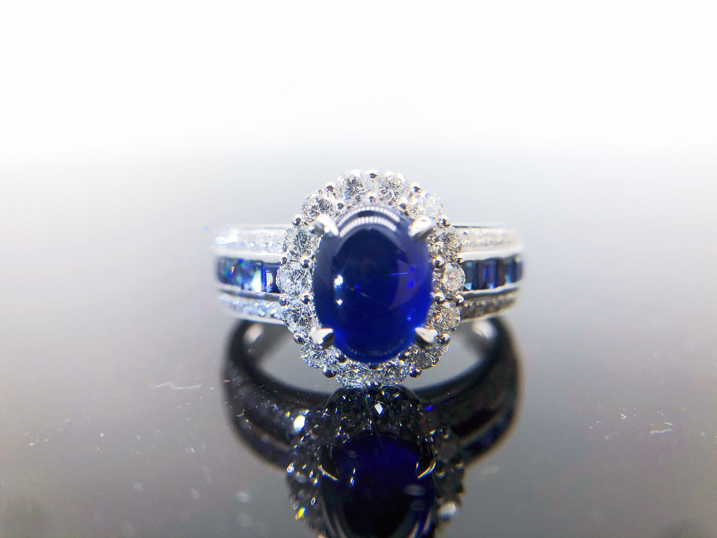 Natural Blue Sapphire Cabochon in 18k White Gold Diamond Ring