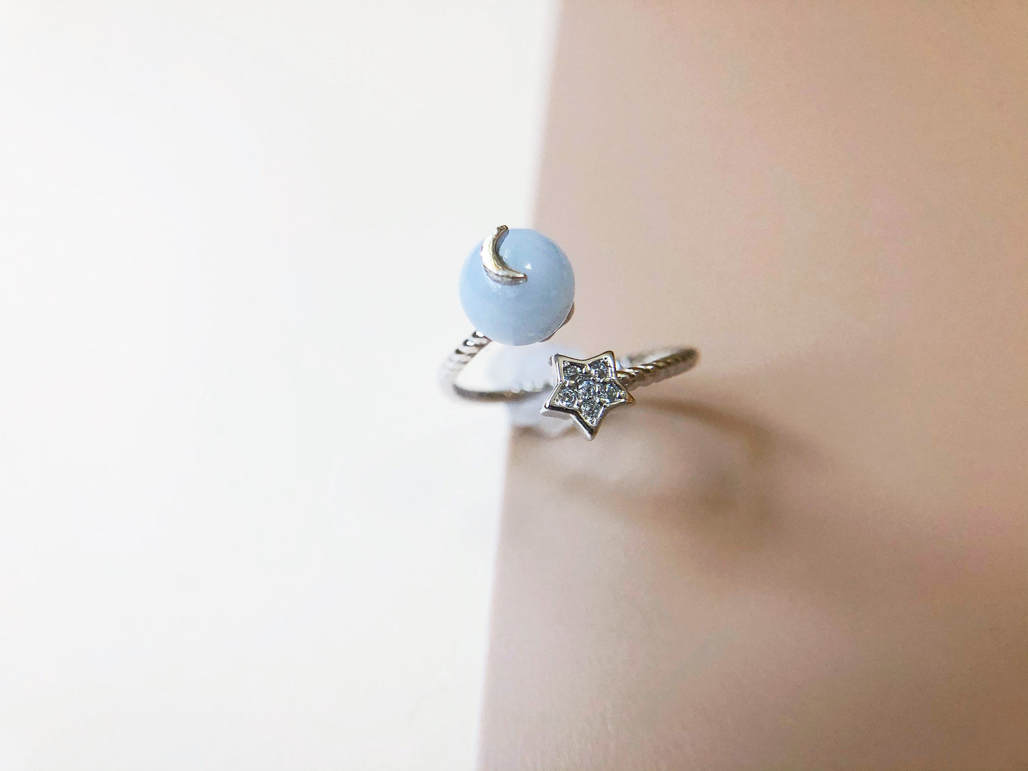 Lavender Purple Jadeite Moon and Stars Celestial Silver Ring