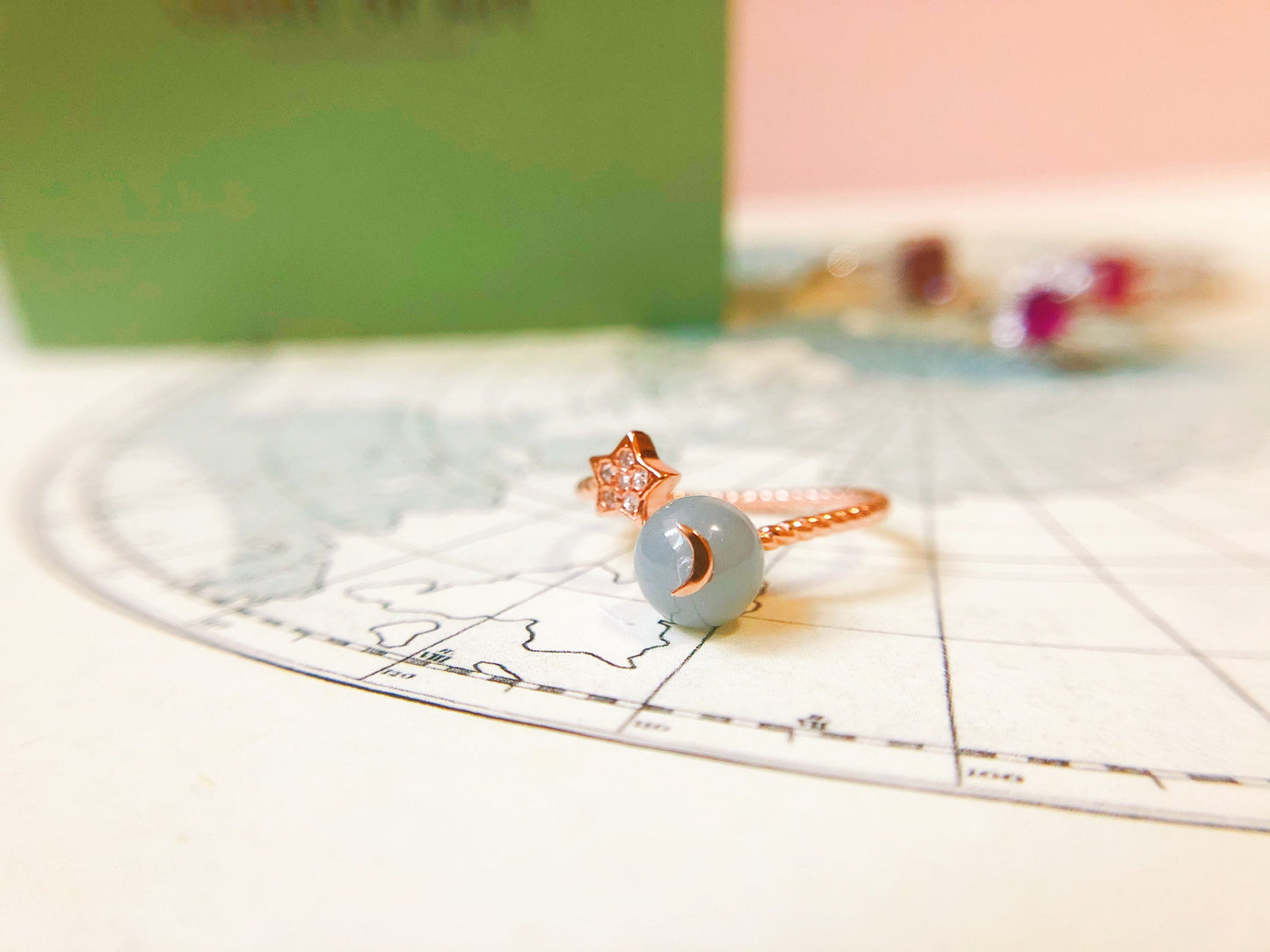 Lavender Purple Jadeite Moon and Stars Celestial Silver Ring