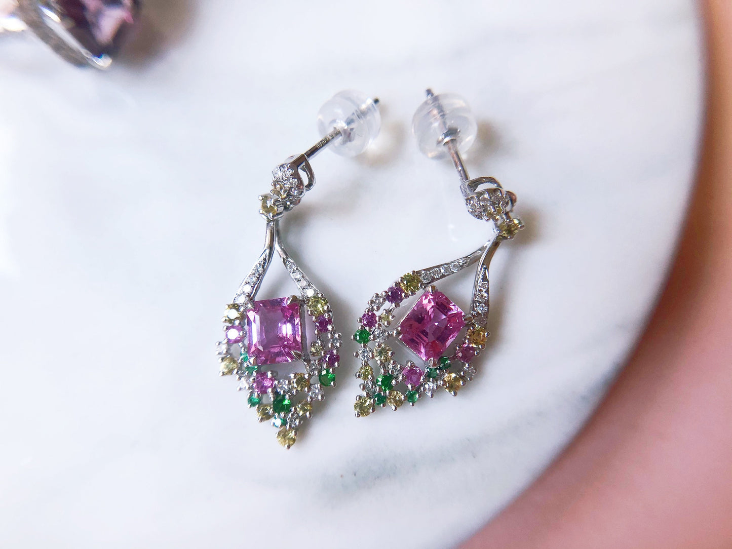 1.08 Ct Certified Padparadscha Sapphire set with Diamond, Tsavorite in 18K White Gold Earrings