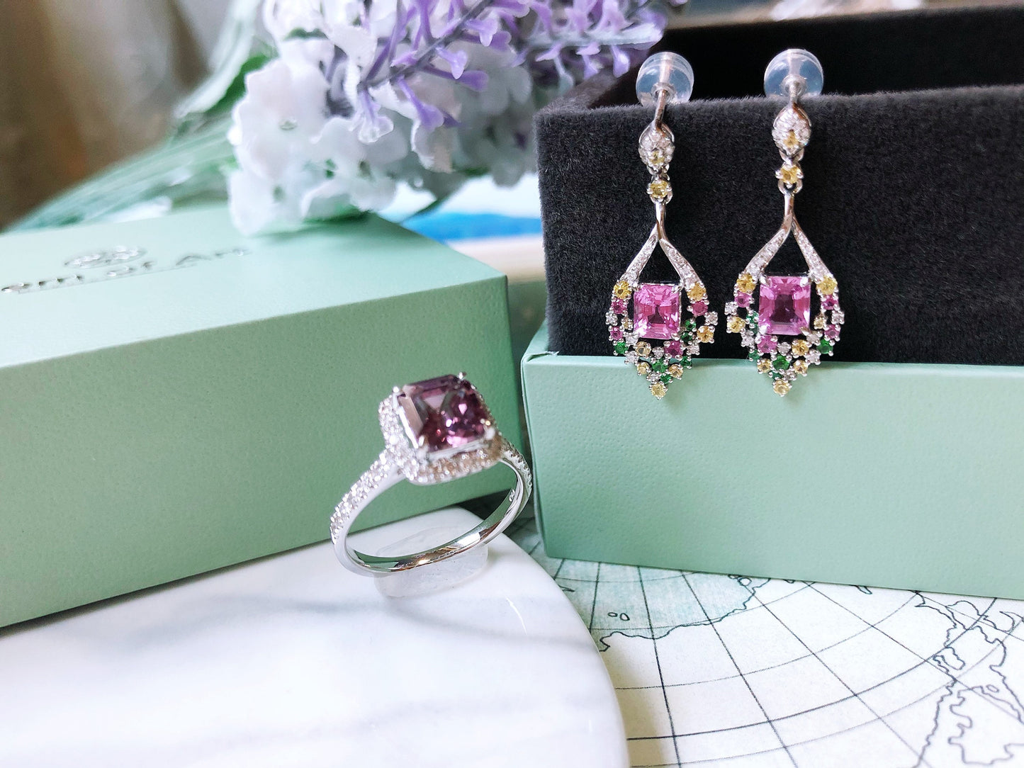 1.08 Ct Certified Padparadscha Sapphire set with Diamond, Tsavorite in 18K White Gold Earrings