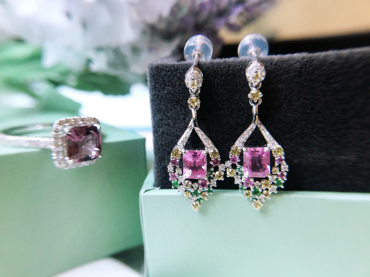 1.08 Ct Certified Padparadscha Sapphire set with Diamond, Tsavorite in 18K White Gold Earrings