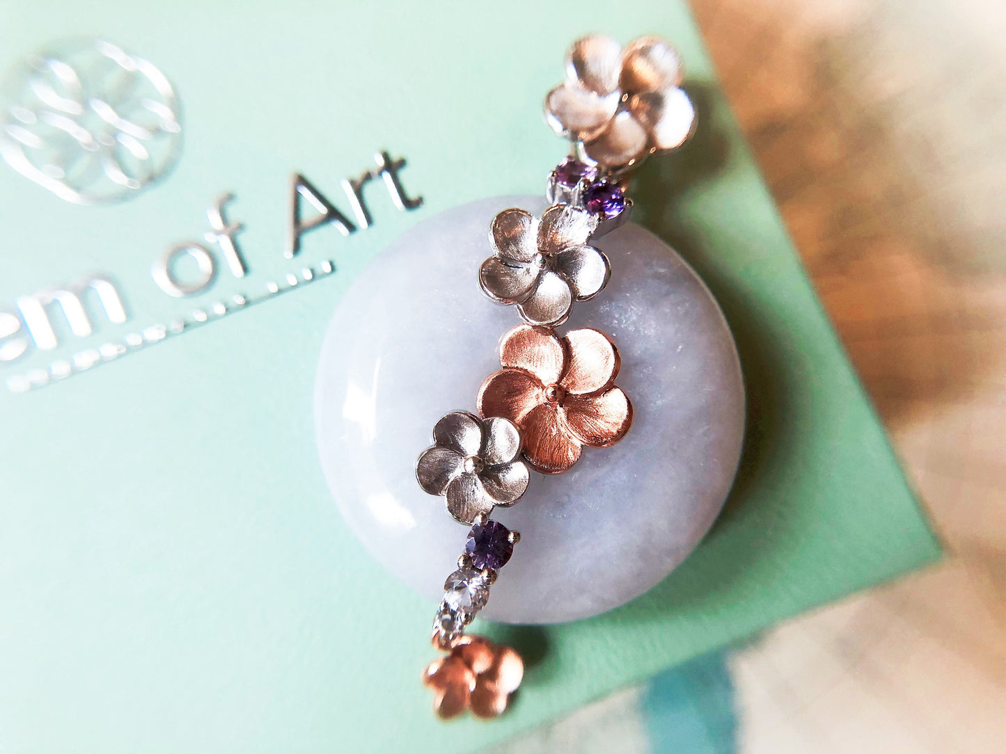 Lavender Jadeite Donut Pendant in 14K Bicolor Gold - Floral Design