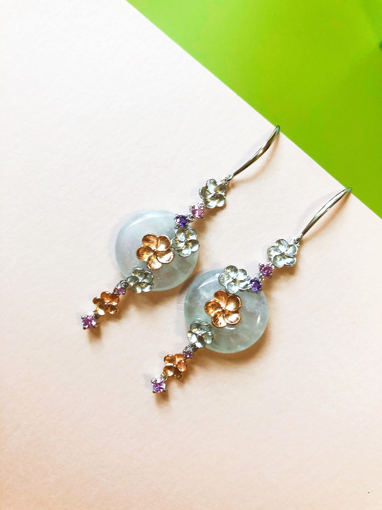 Icy Jadeite Donut Earrings - 14K Bicolor Rose Gold White Gold Floral Design