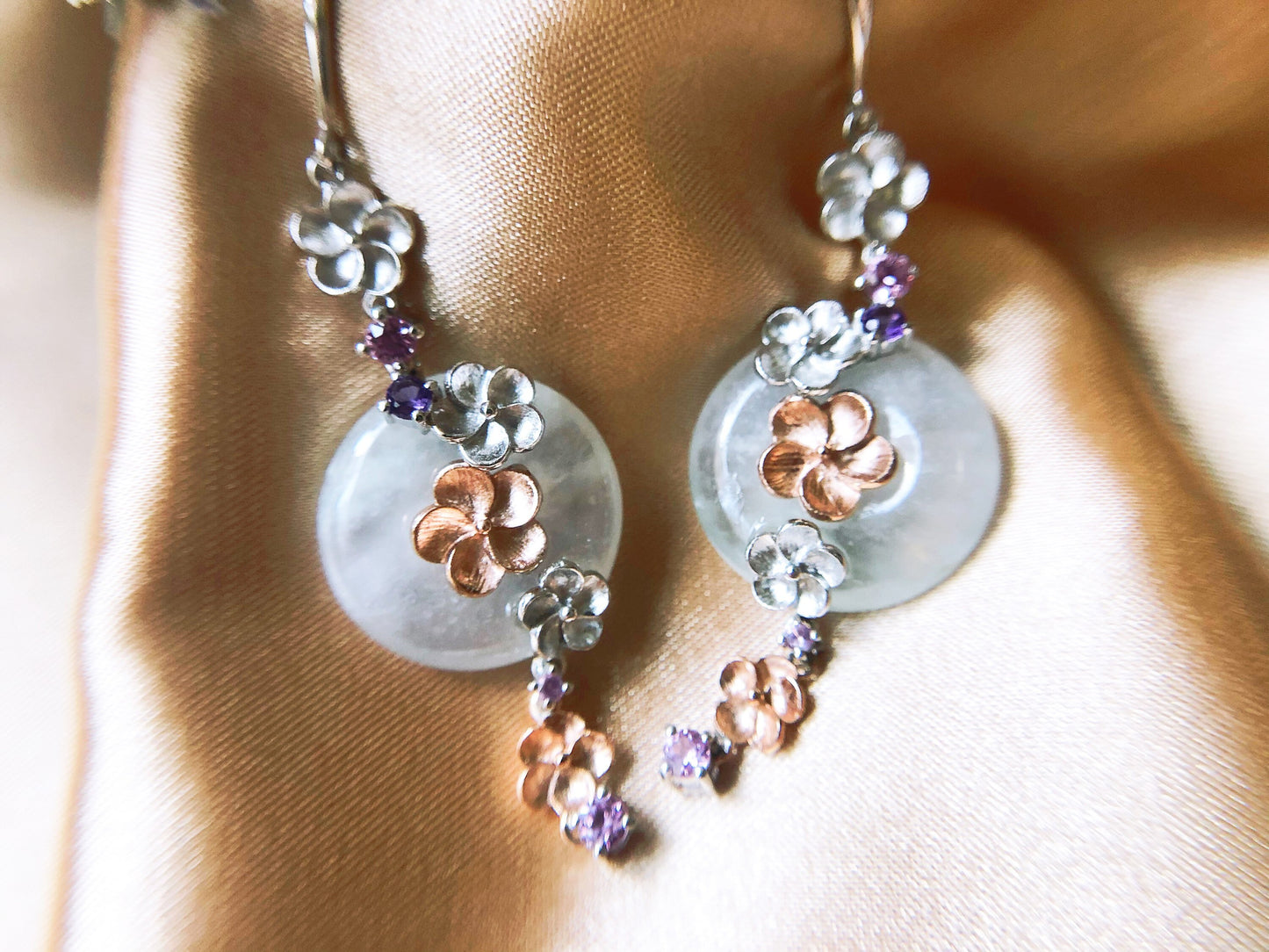 Icy Jadeite Donut Earrings - 14K Bicolor Rose Gold White Gold Floral Design