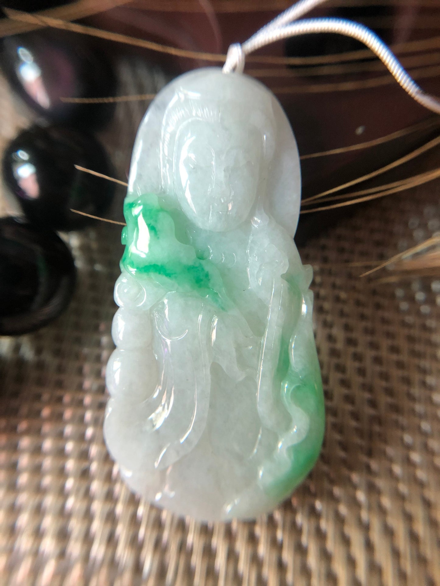 Green Jadeite Guan Yin Pendant - Meditation Buddha